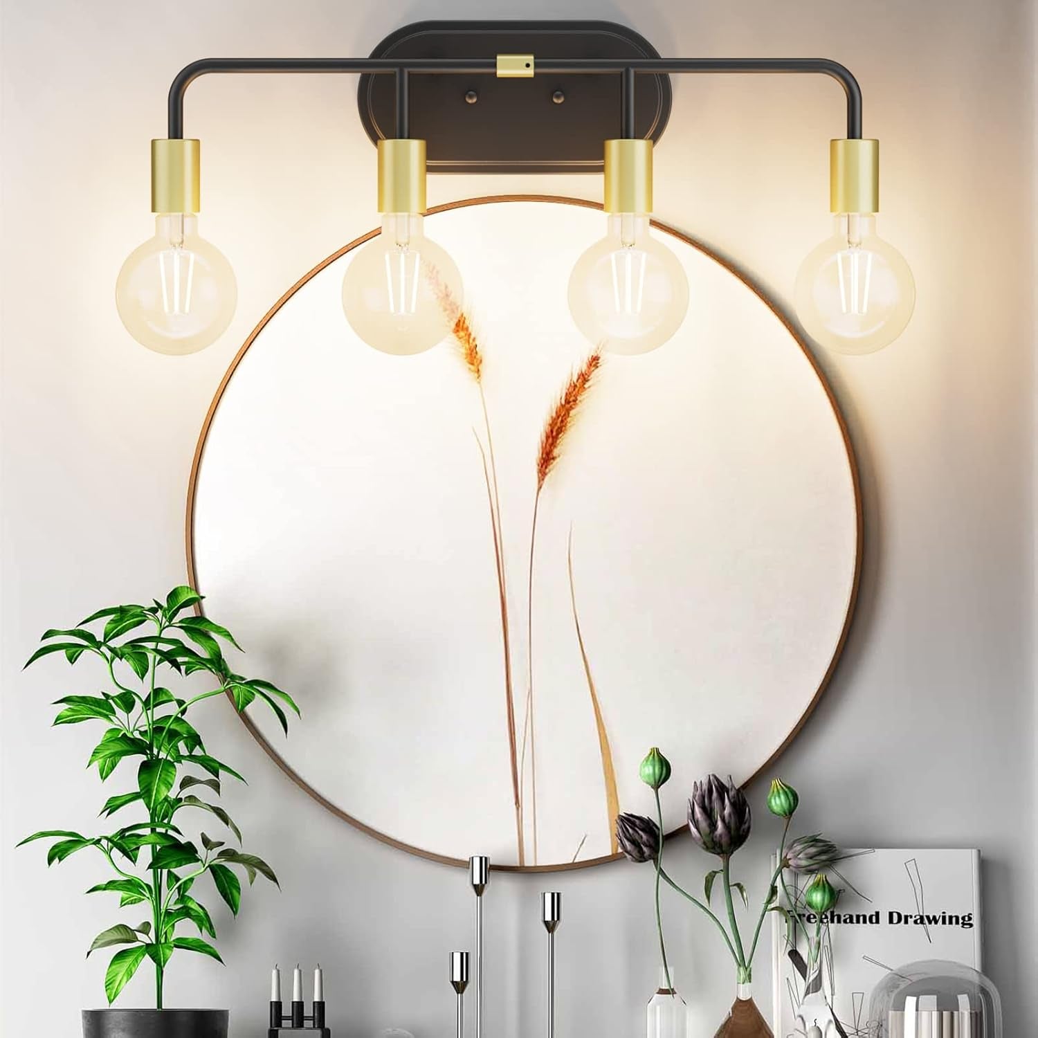 Bathroom Vanity Lighting Fixtures 4 Lights Industrial Wall Sconce Lighting Black and Gold Bathroom Lighting over Mirror (Exclude Bulb)