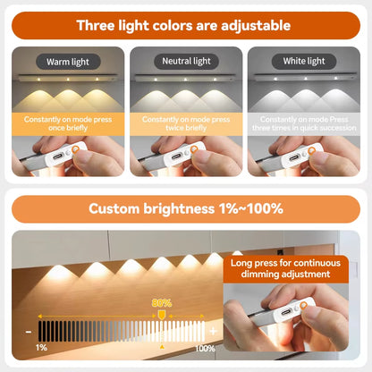 Wiring-Free Human Body Sensing LED Strip USB Rechargeable Indoor Lighting Cabinet Aisle Lighting Sensor Three-Color Dimmable