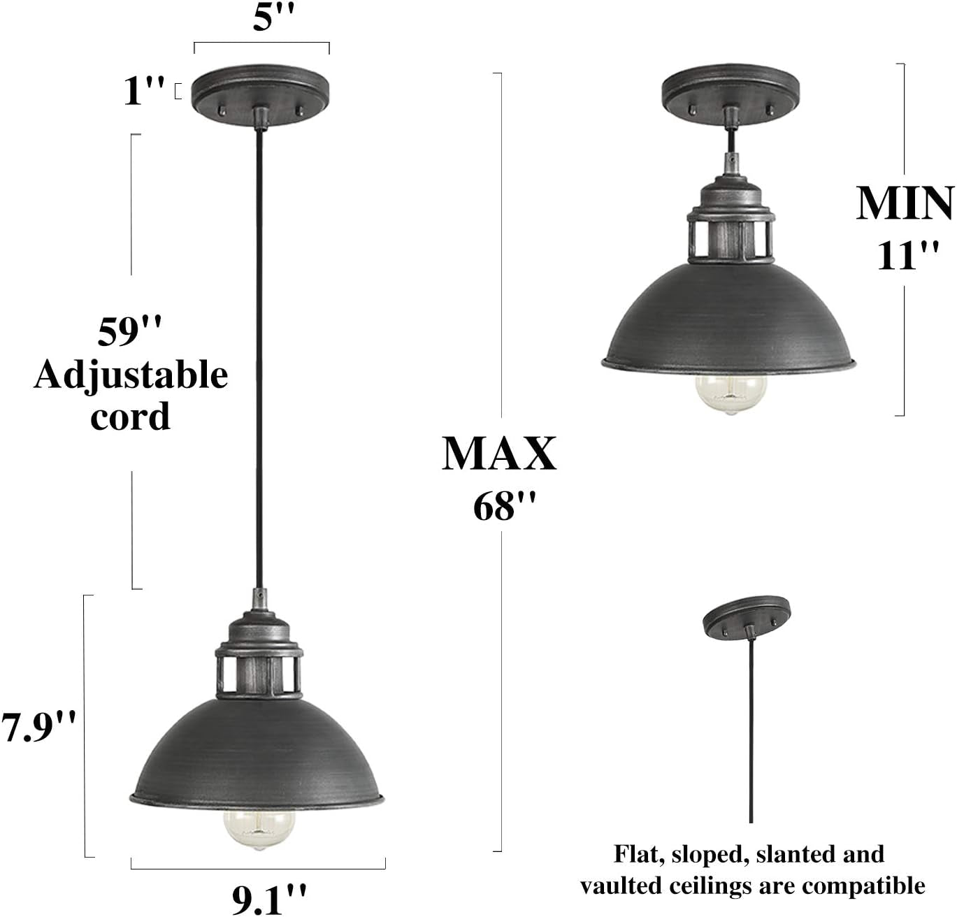 Industrial Pendant Lighting, Black Silver Brushed Light Fixtures for Kitchen Island, Bedroom, Dining & Living Room