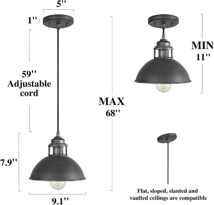 Industrial Pendant Lighting, Black Silver Brushed Light Fixtures for Kitchen Island, Bedroom, Dining & Living Room