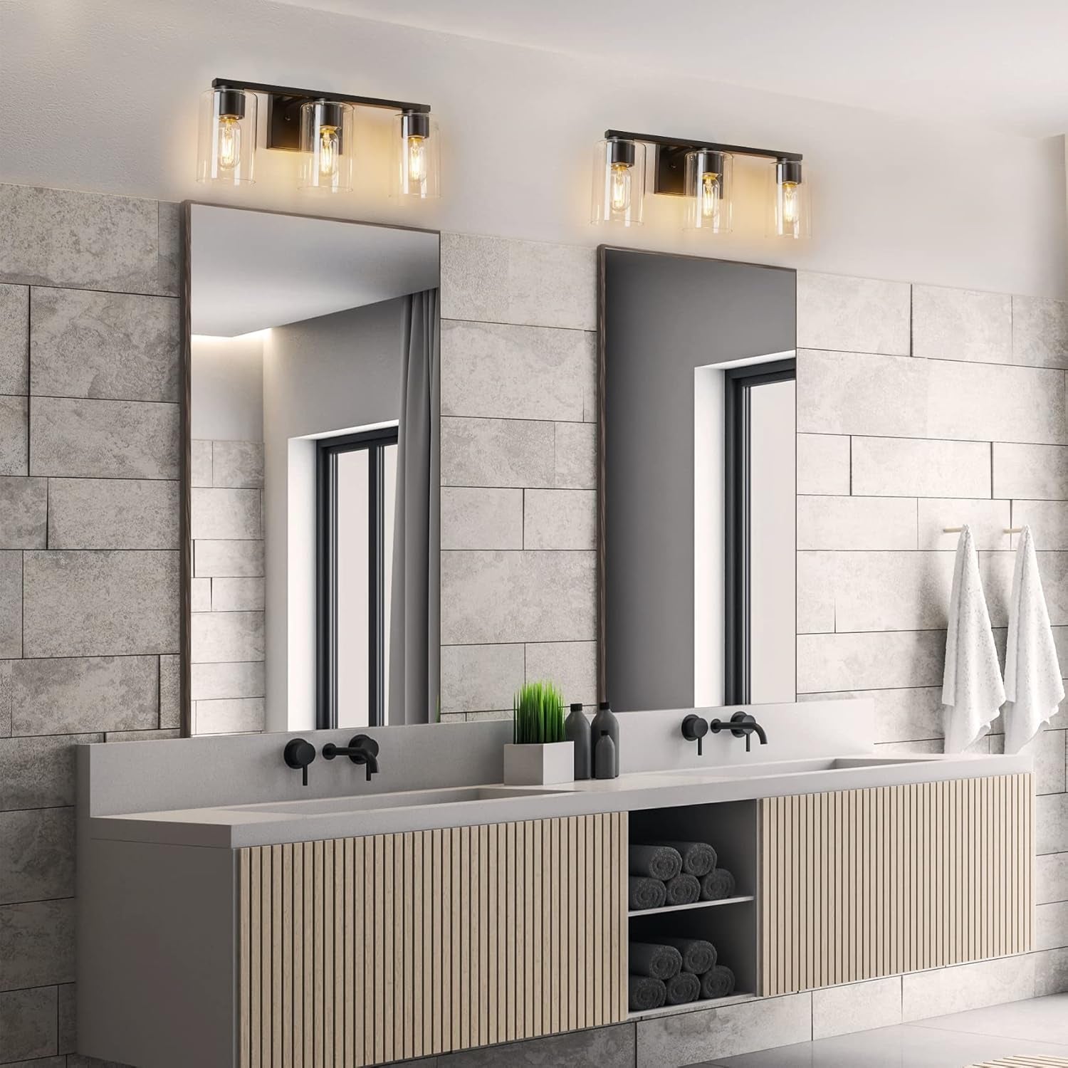 Vanity Light Bathroom, 3 Light Black Light Fixtures, Modern Vanity Light with Cl