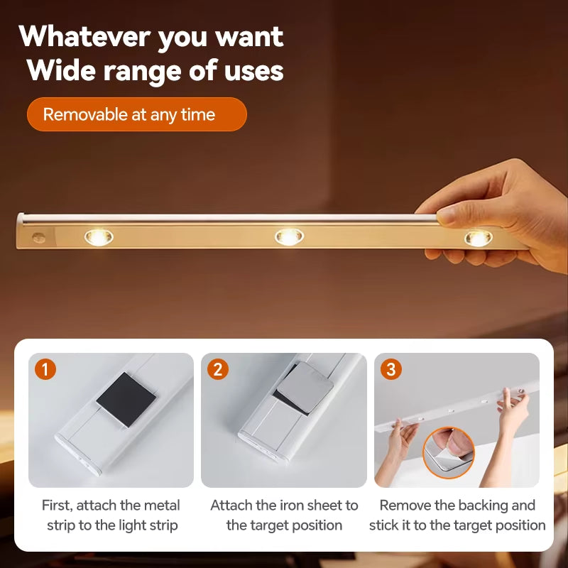Wiring-Free Human Body Sensing LED Strip USB Rechargeable Indoor Lighting Cabinet Aisle Lighting Sensor Three-Color Dimmable