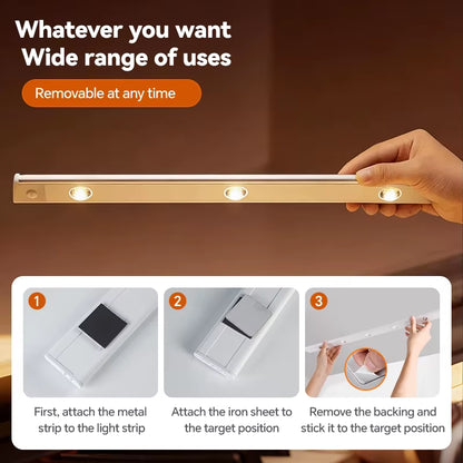 Wiring-Free Human Body Sensing LED Strip USB Rechargeable Indoor Lighting Cabinet Aisle Lighting Sensor Three-Color Dimmable
