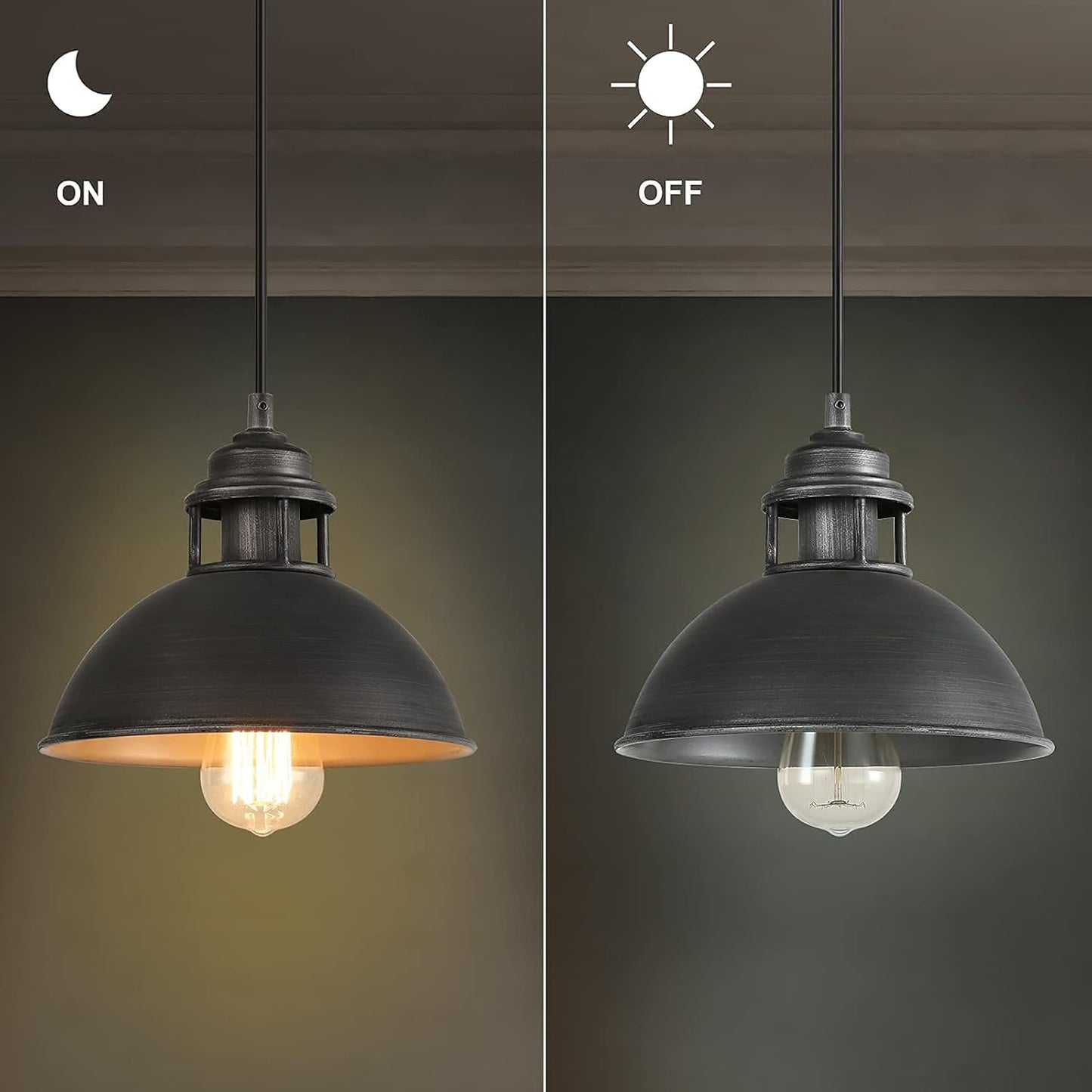 Industrial Pendant Lighting, Black Silver Brushed Light Fixtures for Kitchen Island, Bedroom, Dining & Living Room