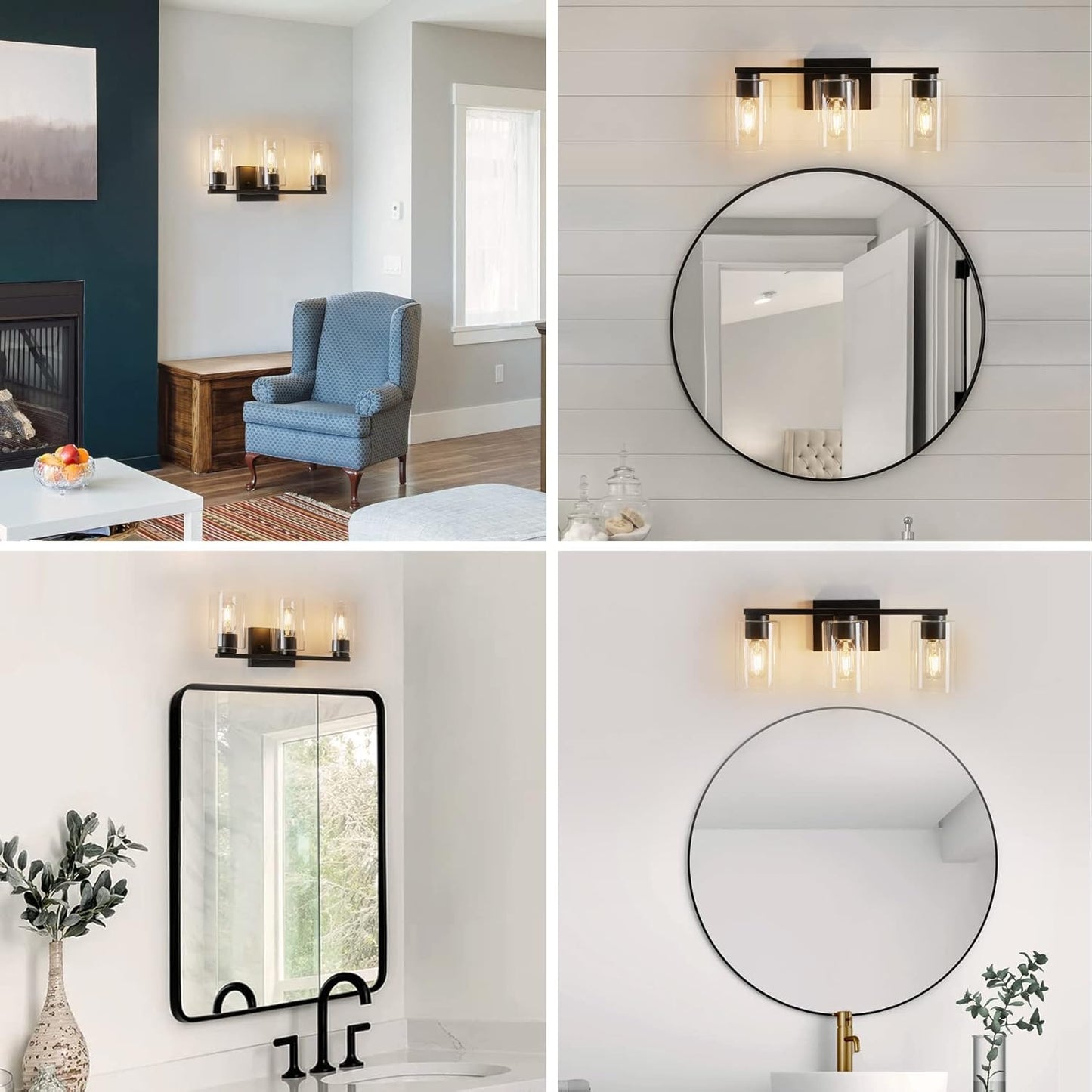 Vanity Light Bathroom, 3 Light Black Light Fixtures, Modern Vanity Light with Cl
