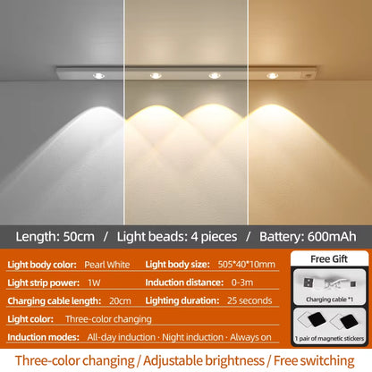 Wiring-Free Human Body Sensing LED Strip USB Rechargeable Indoor Lighting Cabinet Aisle Lighting Sensor Three-Color Dimmable