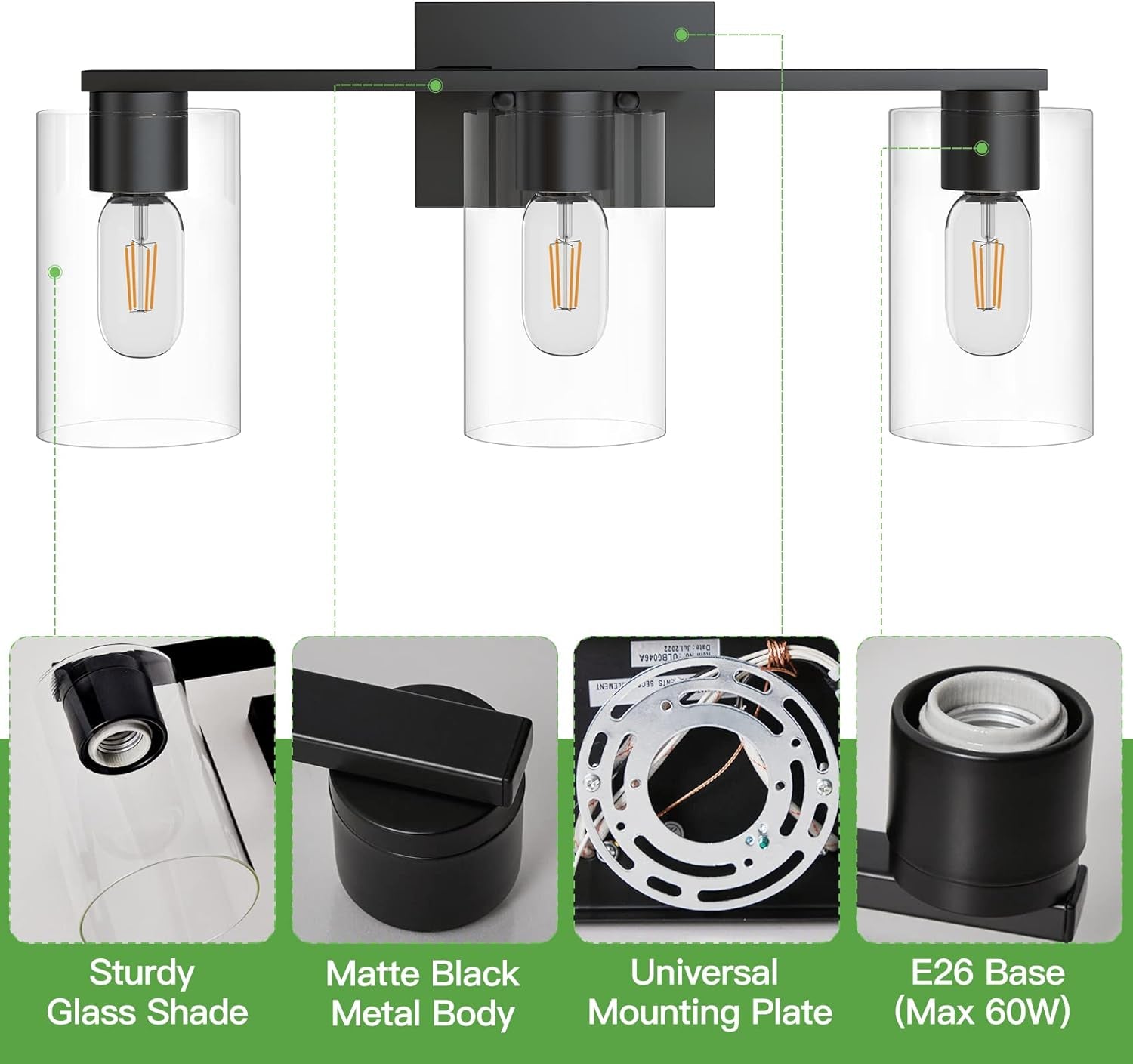 Vanity Light Bathroom, 3 Light Black Light Fixtures, Modern Vanity Light with Cl