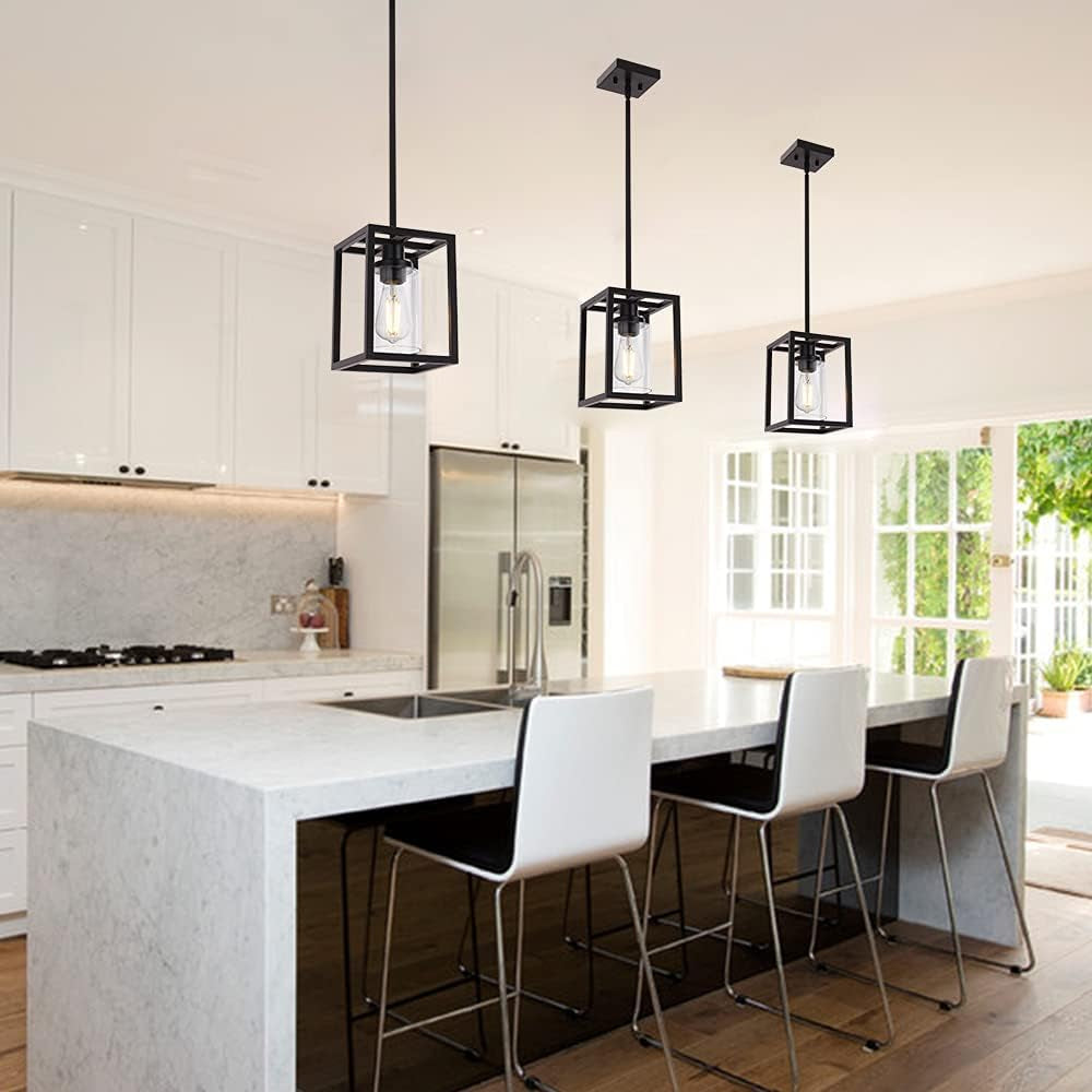 1-Light Black Pendant Lights Industrial Farmhouse Chandeliers Mini Island Light Fixtures Ceiling Hanging with Clear Glass Shade for Dining Room Entryway Hallway Restaurants