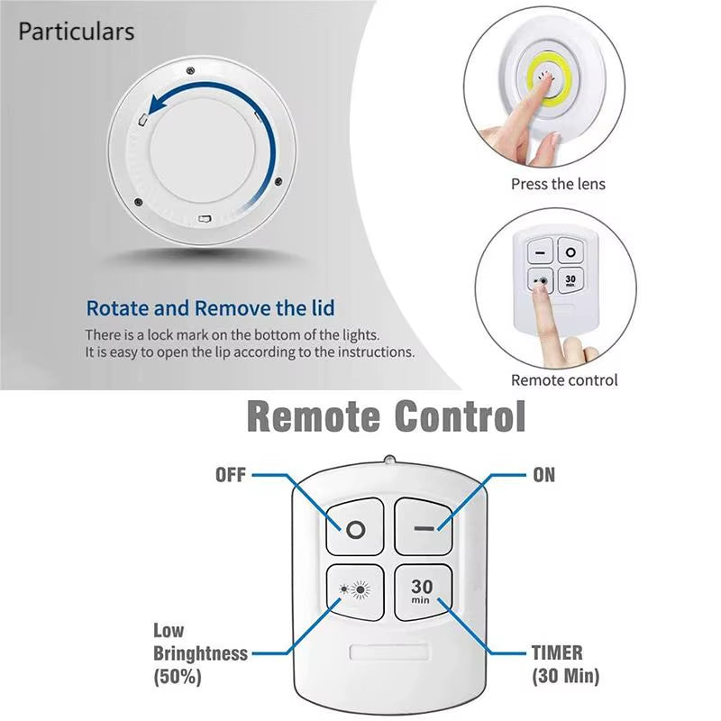 3W Dimmable COB under Cabinet Light LED Night Light Closet Light Push Button Stair Light Kitchen Bathroom Light Remote Switch