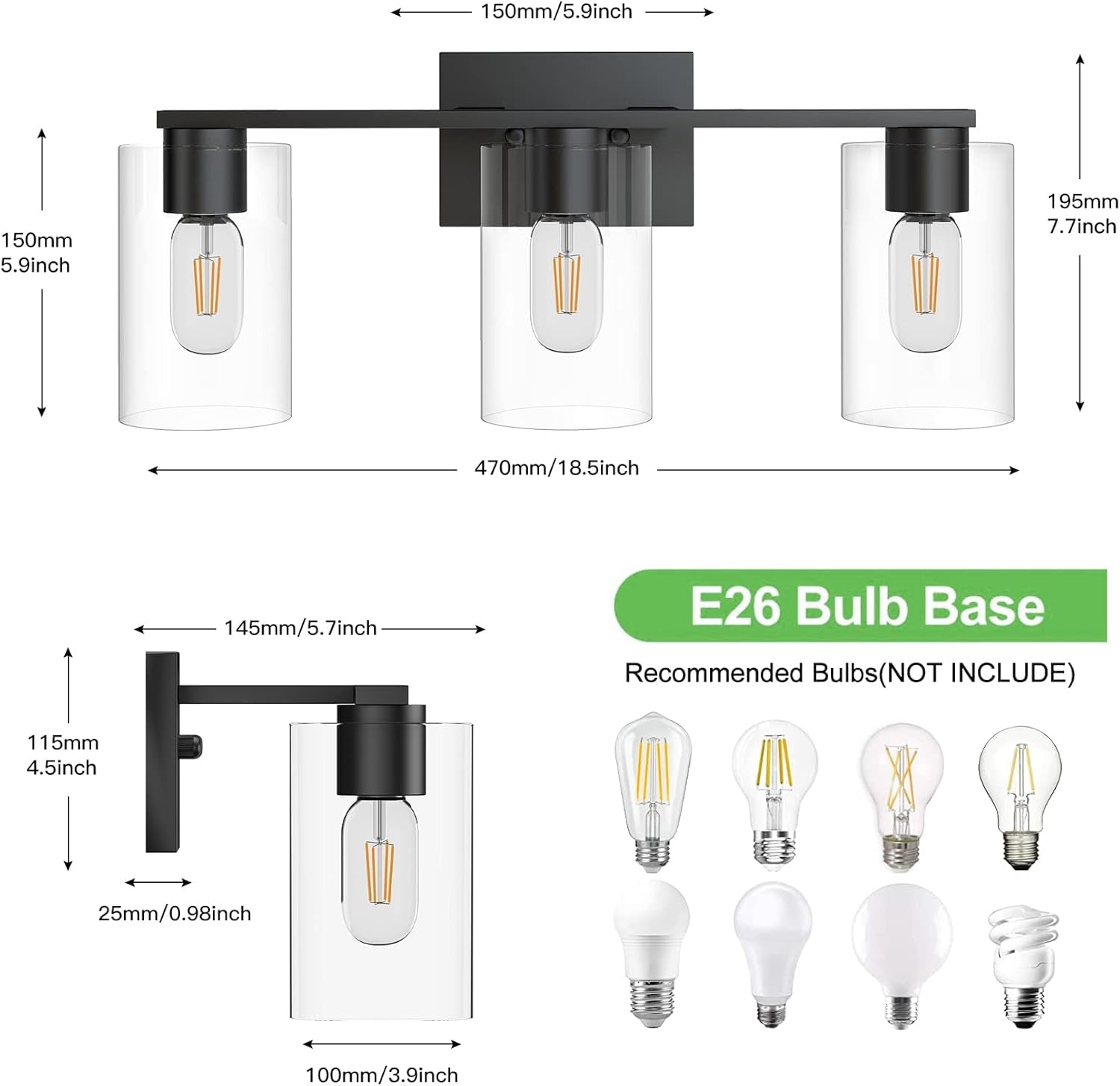Vanity Light Bathroom, 3 Light Black Light Fixtures, Modern Vanity Light with Cl