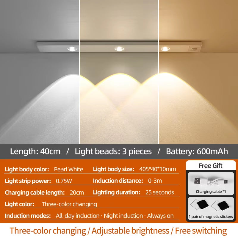 Wiring-Free Human Body Sensing LED Strip USB Rechargeable Indoor Lighting Cabinet Aisle Lighting Sensor Three-Color Dimmable
