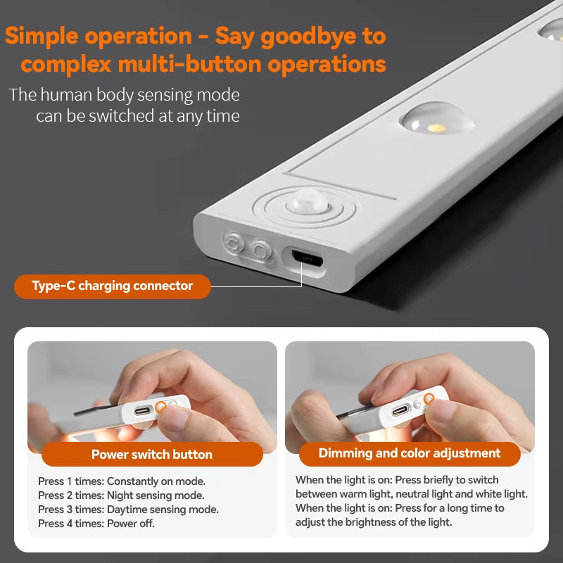 Wiring-Free Human Body Sensing LED Strip USB Rechargeable Indoor Lighting Cabinet Aisle Lighting Sensor Three-Color Dimmable