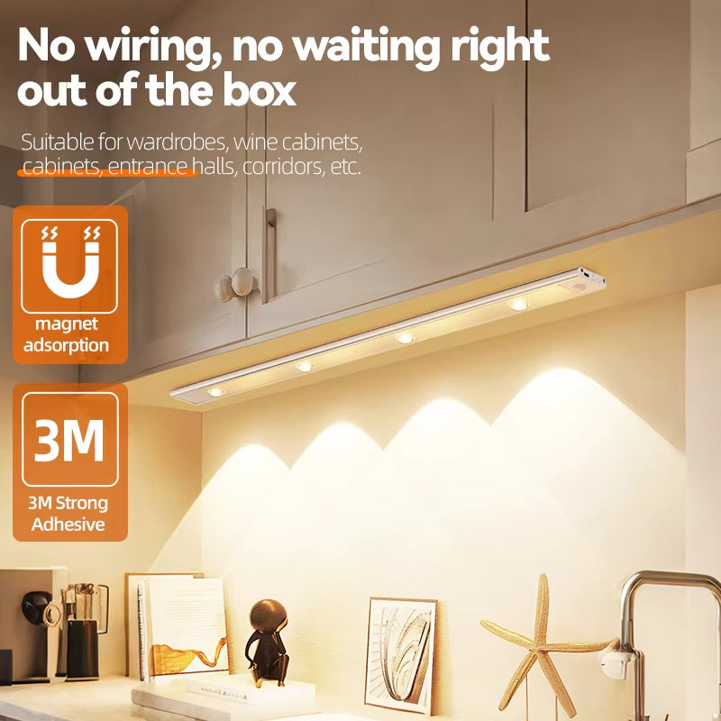 Wiring-Free Human Body Sensing LED Strip USB Rechargeable Indoor Lighting Cabinet Aisle Lighting Sensor Three-Color Dimmable
