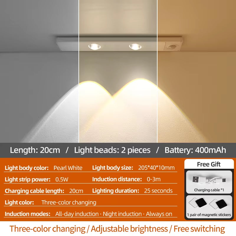 Wiring-Free Human Body Sensing LED Strip USB Rechargeable Indoor Lighting Cabinet Aisle Lighting Sensor Three-Color Dimmable