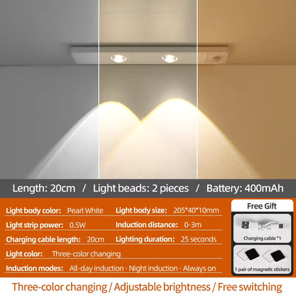 Wiring-Free Human Body Sensing LED Strip USB Rechargeable Indoor Lighting Cabinet Aisle Lighting Sensor Three-Color Dimmable