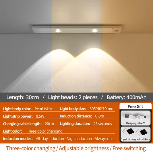 Wiring-Free Human Body Sensing LED Strip USB Rechargeable Indoor Lighting Cabinet Aisle Lighting Sensor Three-Color Dimmable