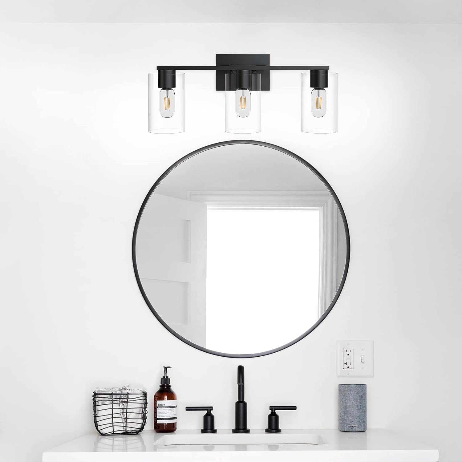 Vanity Light Bathroom, 3 Light Black Light Fixtures, Modern Vanity Light with Cl