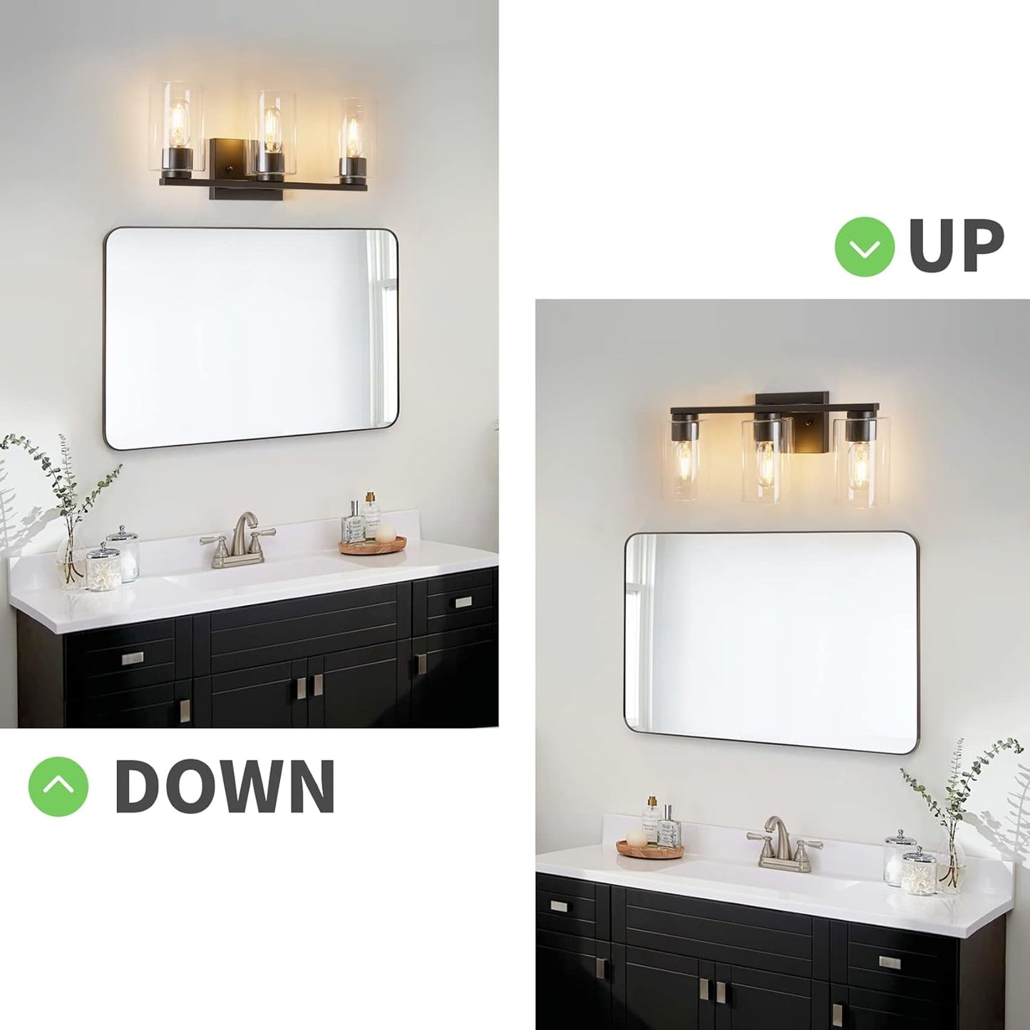 Vanity Light Bathroom, 3 Light Black Light Fixtures, Modern Vanity Light with Cl
