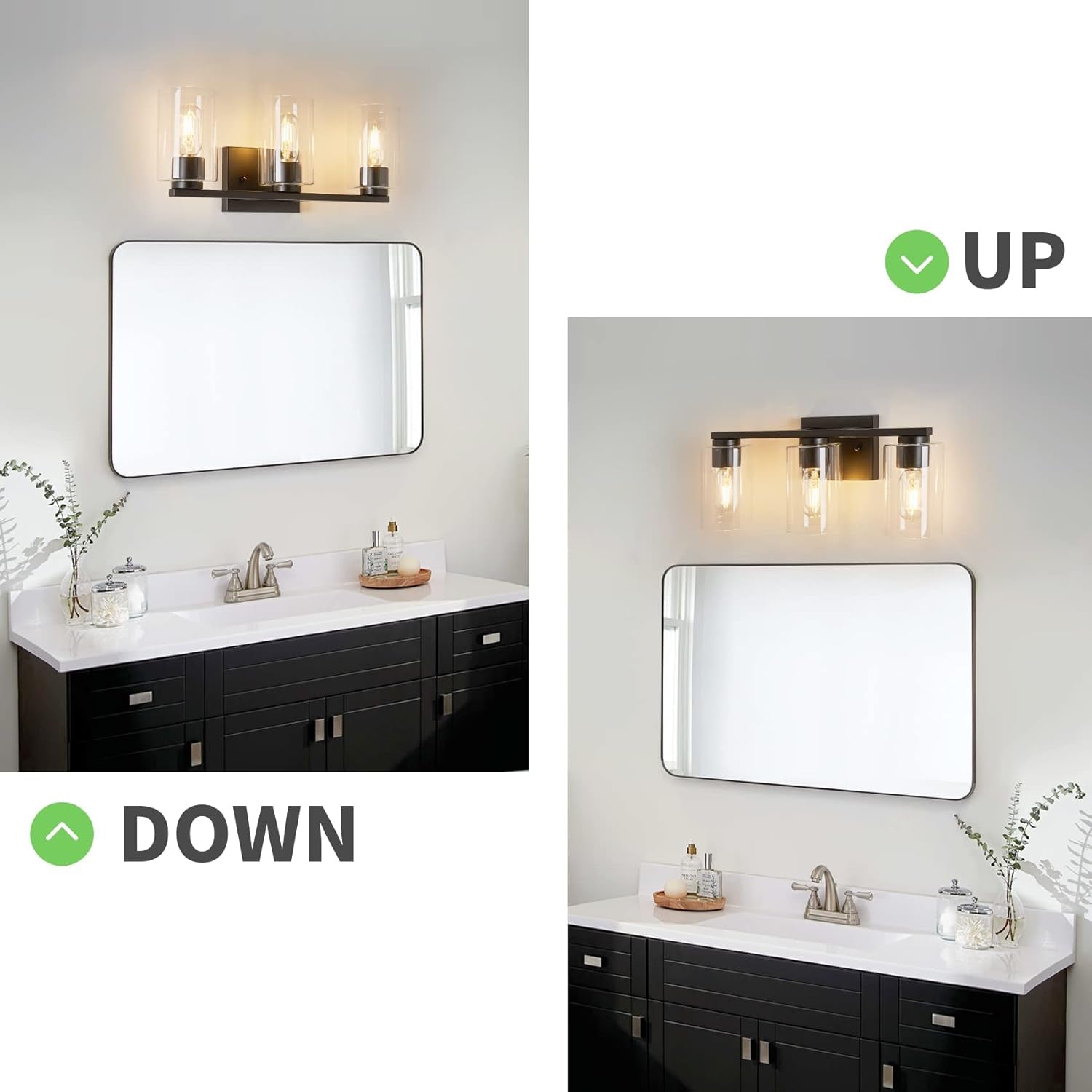 Vanity Light Bathroom, 3 Light Black Light Fixtures, Modern Vanity Light with Cl