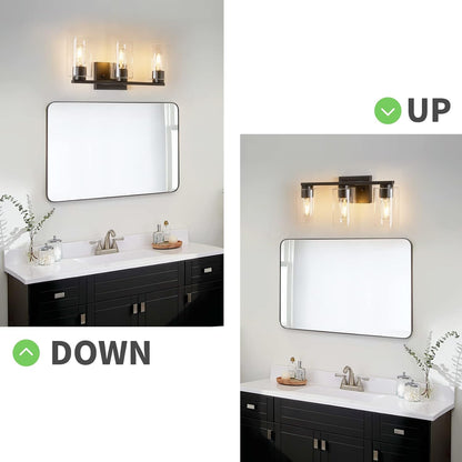 Vanity Light Bathroom, 3 Light Black Light Fixtures, Modern Vanity Light with Cl