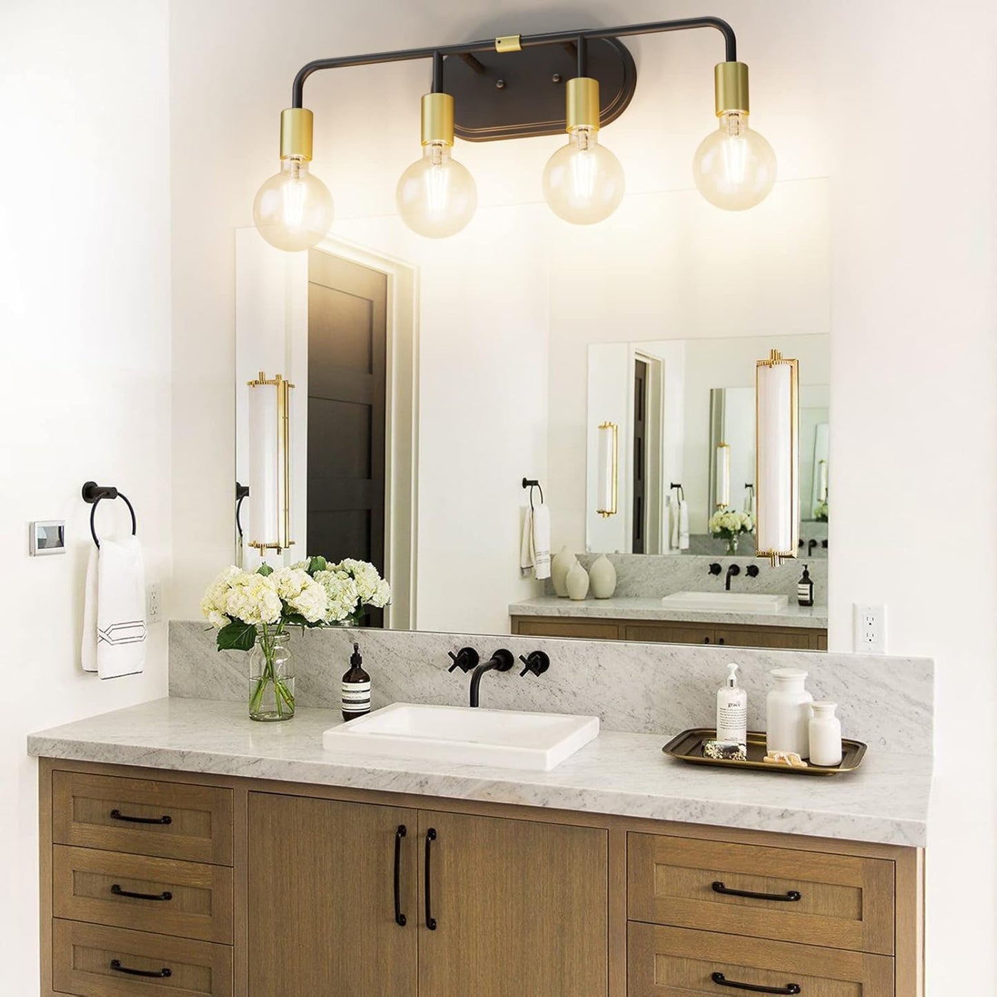 Bathroom Vanity Lighting Fixtures 4 Lights Industrial Wall Sconce Lighting Black and Gold Bathroom Lighting over Mirror (Exclude Bulb)